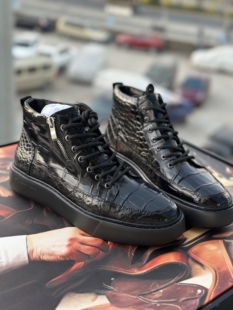 纯进口尼罗鳄鱼皮高帮板鞋腹皮侧拉链短靴男士真皮马丁靴高帮空军