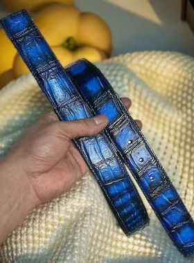 3.8cm鳄鱼皮腰带男手工擦色真皮商务休闲无扣头平滑扣轻奢礼物