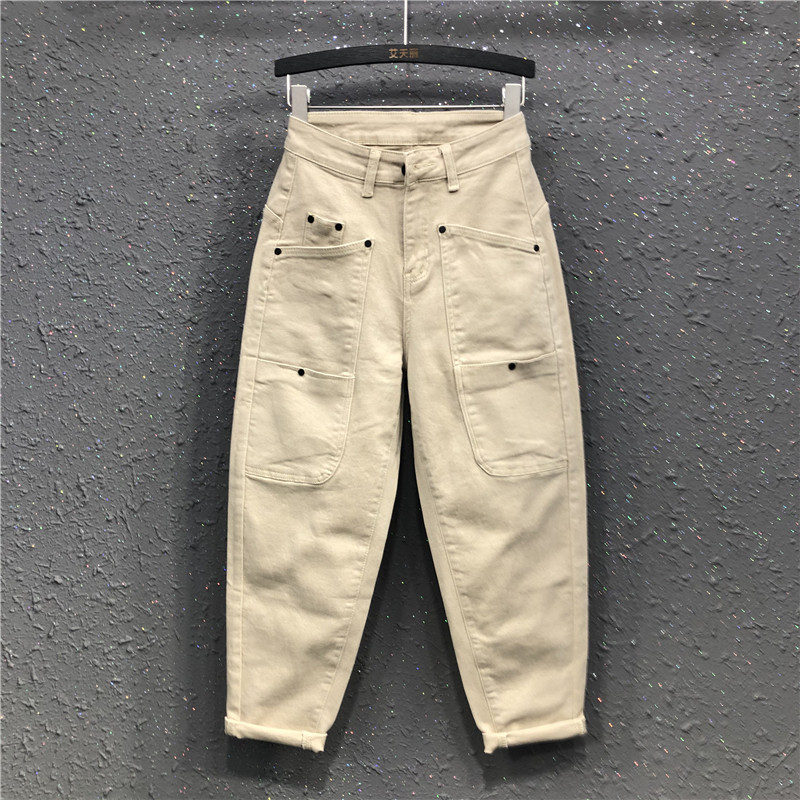 潮流休闲工装裤女裤子春秋新款欧货高腰宽松显瘦束脚哈伦裤牛仔裤
