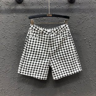 欧货高腰显瘦百搭休闲五分裤 复古黑白格子牛仔阔腿裤 女26年春新款