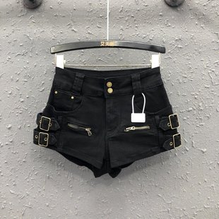 设计感多口袋显瘦百搭阔腿裤 女26春新款 辣妹黑色低腰牛仔短裤 美式