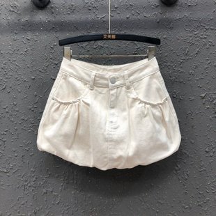 韩版 水洗减龄白色高腰牛仔花苞半身裙女防走光百搭显瘦蓬蓬短裙