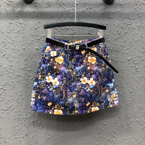 艾天丽夏季印花牛仔高腰显瘦短裙