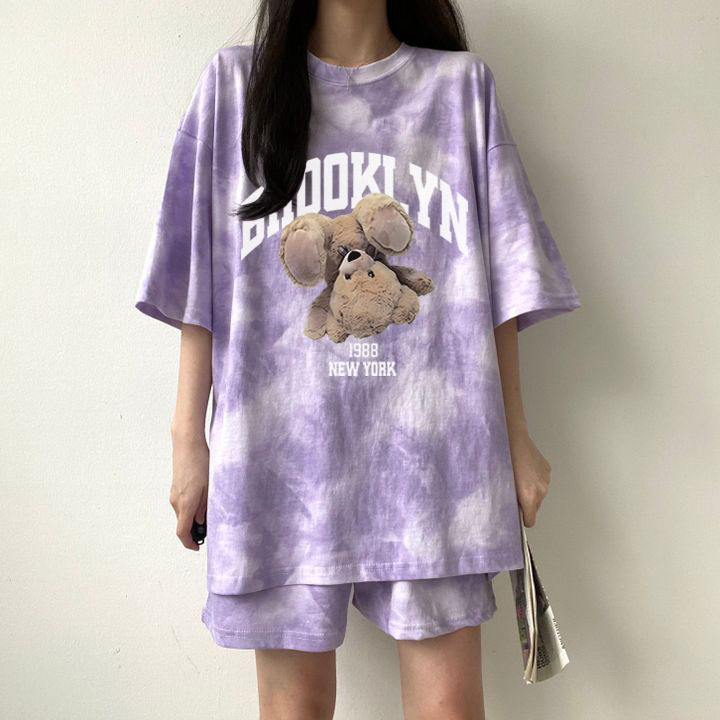 休闲跑步运动服套装女夏装韩版250斤显白扎染短袖短裤学生两件套