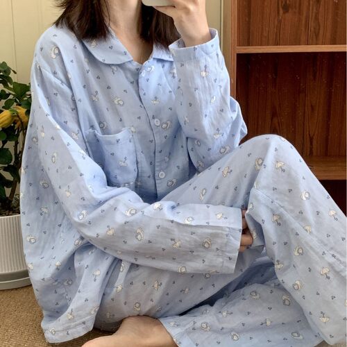 新品！全棉双层纱蓝雨伞樱桃小猫翻领长袖长裤家居服套装可外穿