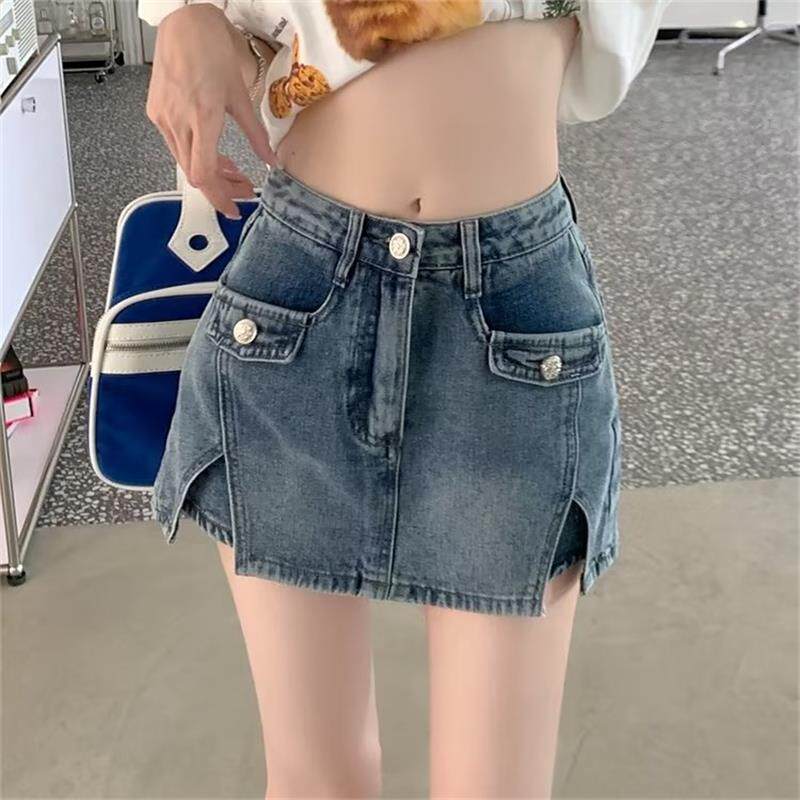 辣妹开叉牛仔半身裙夏季2025新款高腰包臀防走光裤裙大码短裙女装