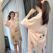 新款 裙家居服套装 短袖 外穿衬衫 高级感猫咪大码 网红冰丝睡裙女韩版