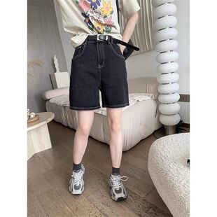 百搭显瘦中裤 复古黑色五分裤 高腰欧货直筒牛仔短裤 新款 女宽松夏季