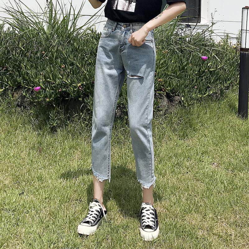 小个子破洞牛仔裤女八九韩版宽松bf百搭港味原宿风初恋阔腿直筒裤