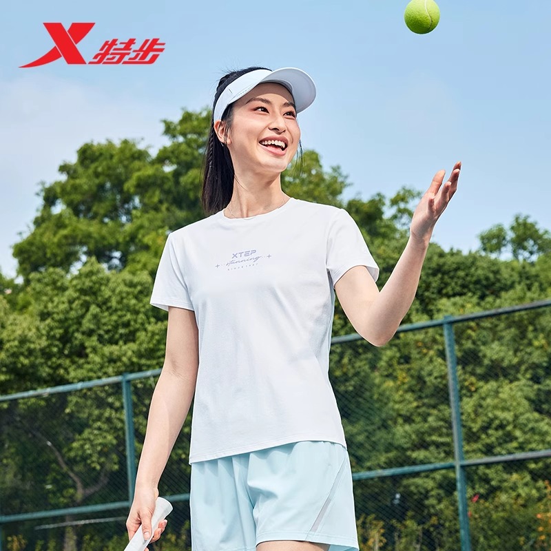 特步圆领T恤女2025新款夏季透气速干短袖健身半袖休闲运动上衣女