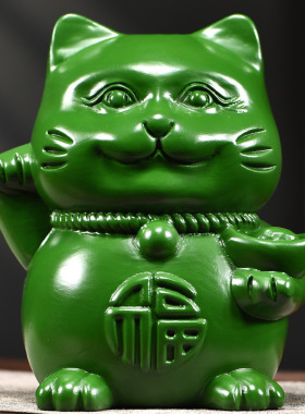 实木绿色招财猫工艺品木头雕刻客厅店铺收银前台福猫装饰开业送礼