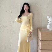 instahot纯欲简约抽绳黄色连衣裙女秋季 流行风格 轻奢宴会包臀长裙