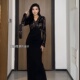收腰修身 instahot 新款 礼服裙2025秋季 连衣裙 黑色V领蕾丝拼接长袖