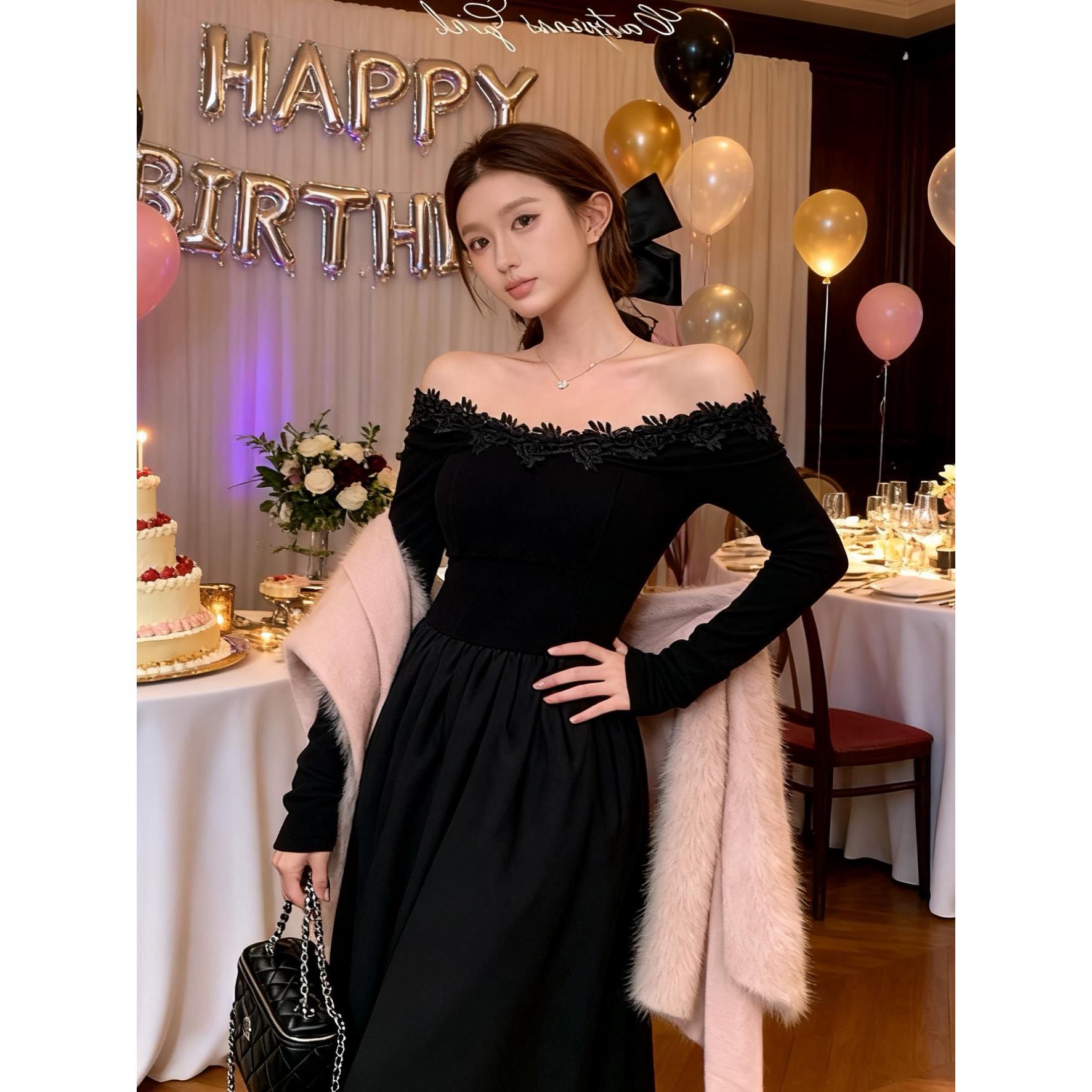 instahot黑色蕾丝连衣裙女