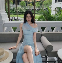 instahot 条纹两穿式兜领网纱连衣裙2025夏季新款开叉透视长裙女