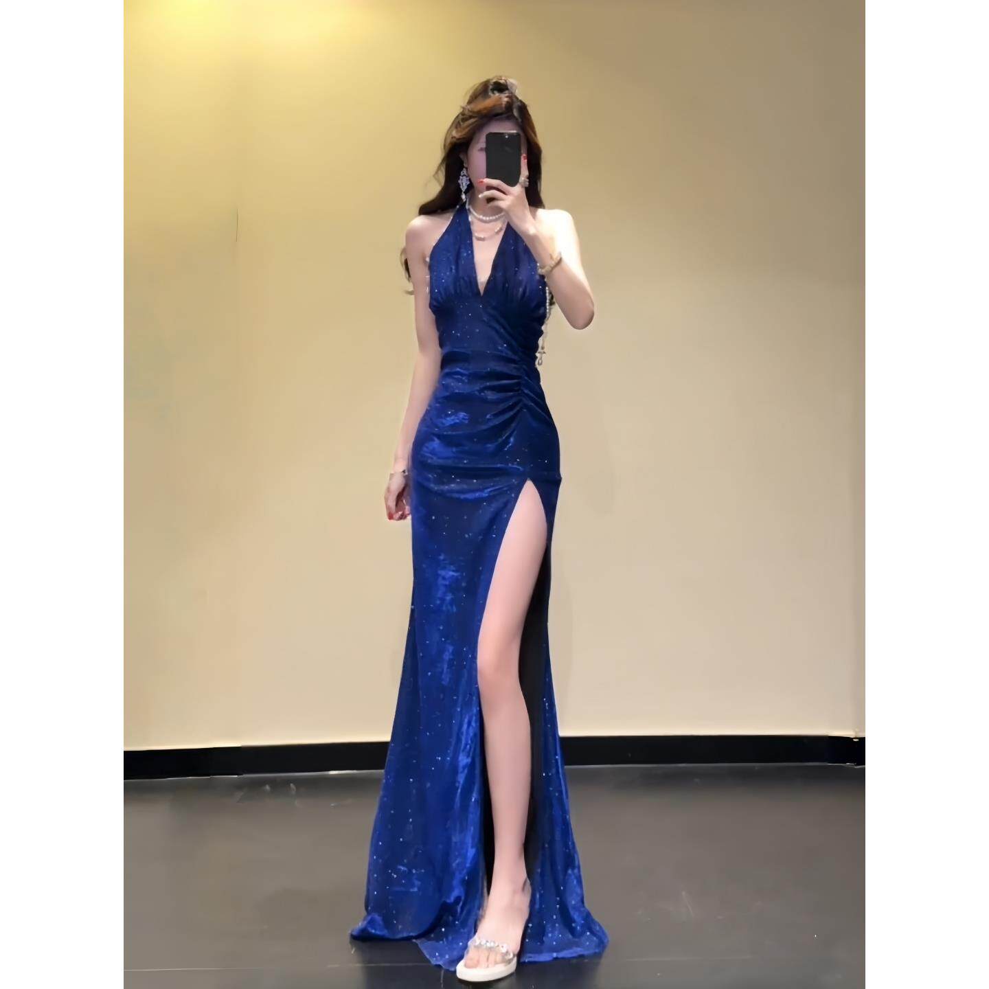 instahot 闪闪挂脖开叉连衣裙女圣诞穿搭生日宴会年会晚礼服长裙