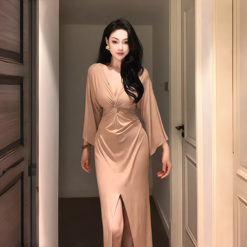 instahot法式复古v领连衣裙女