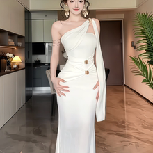 instahot 法式白色抹胸连衣裙女夏季性感不规则修身生日礼服长裙