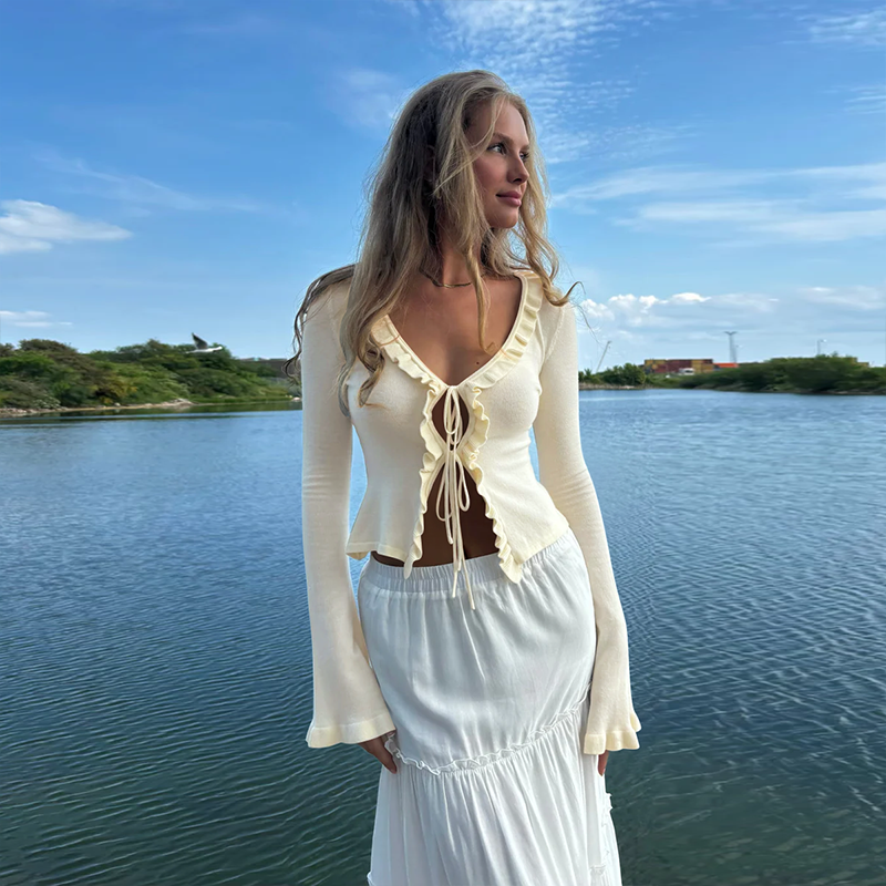 instahot 欧美ins风褶边绑带喇叭袖上衣女秋季新款甜辣长袖上衣