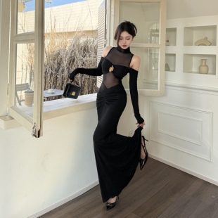 instahot 性感网纱拼接黑色连衣裙女2026春季新款长袖包臀长裙