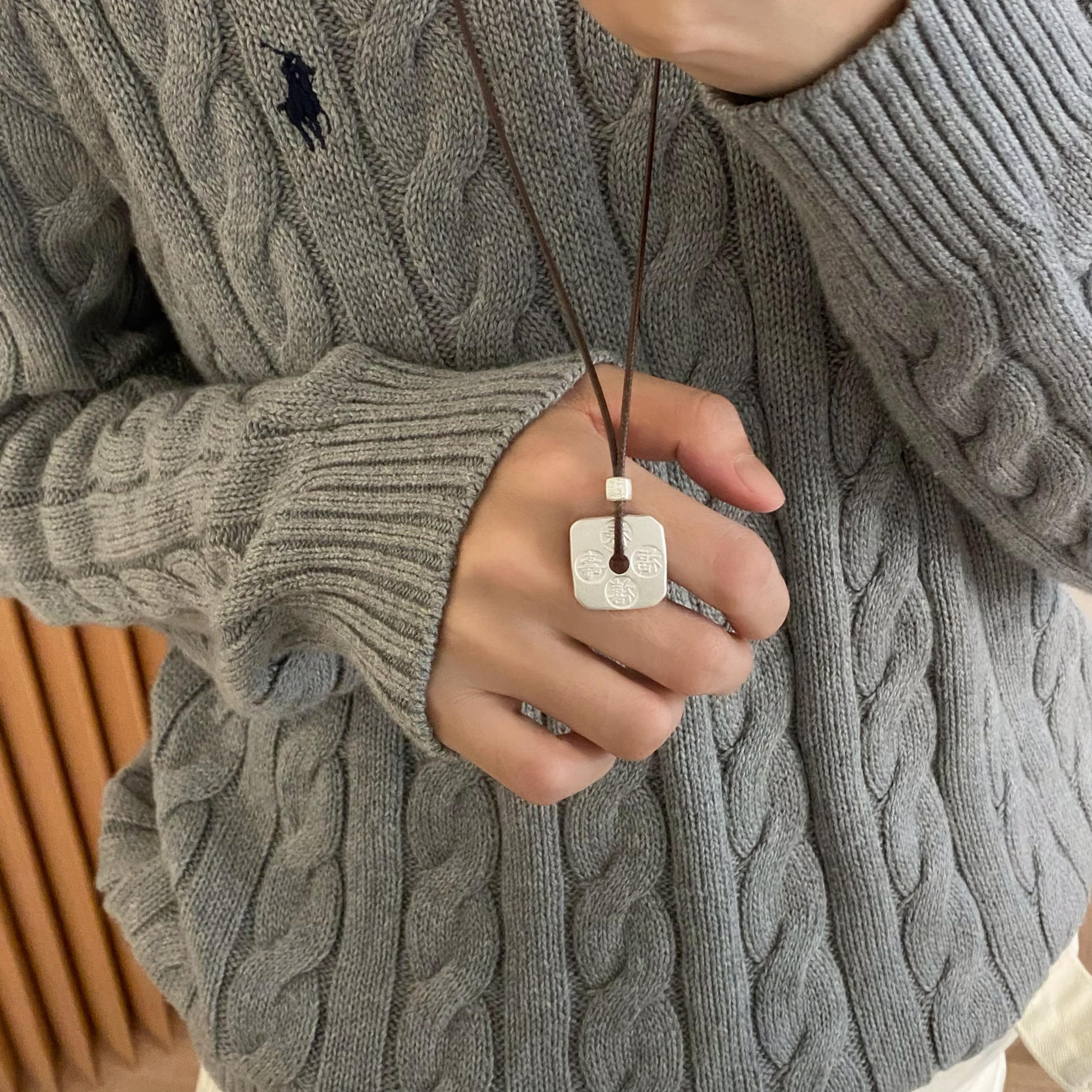 吊坠足银 《福禄寿喜》实心牌时尚百搭编绳款项链