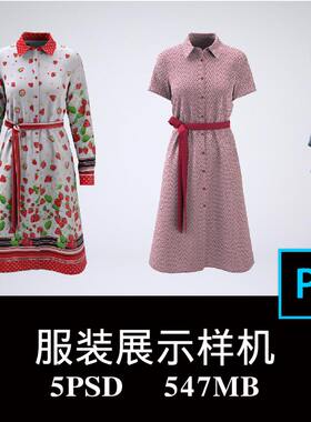 5款翻领短袖连衣裙单排扣长袖A字裙空白样机PS贴图3D图层模板素材