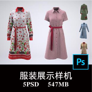 5款翻领短袖连衣裙单排扣长袖A字裙空白样机PS贴图3D图层模板素材