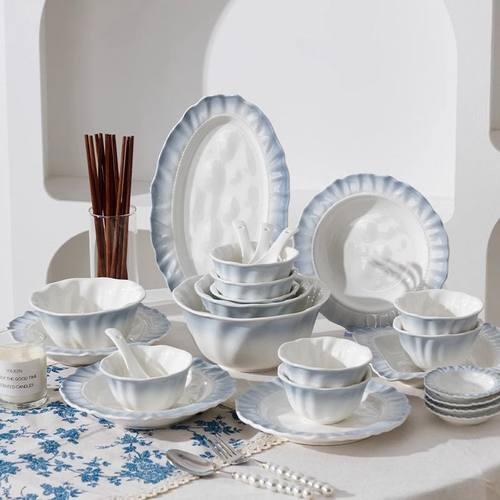 法式碗碟套装家用釉下彩餐具2024新款花边碗盘乔迁新居高颜值组合