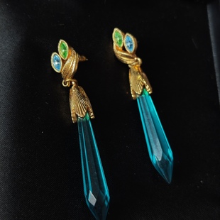 1928品牌仿水晶柱扫肩款湖绿色耳钉vintage古董首饰