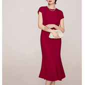 法式 优雅鱼尾连衣裙a字长裙纯色修身 显瘦圆领高端醋酸透气连身裙