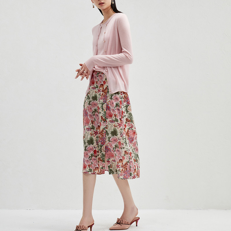 日本面料铜氨丝花色复古半身裙松紧腰垂感侧开衩印花气质油画半裙