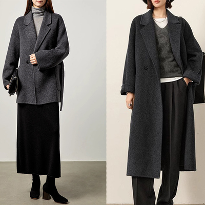 黑灰色山羊绒高端大衣女赫本风