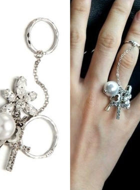 日韩街头潮酷手饰两件套指环水晶花珍珠十字架镶钻心形钥匙戒指