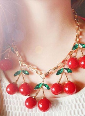 欧美夸张个性时尚红色五个樱桃项链女锁骨链短款颈带项圈脖子饰品