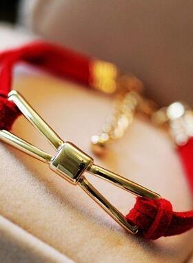 日韩ins甜美蝴蝶结金属红色皮绳时尚简约中国风本命年红绳手链女