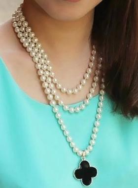 日韩潮流四叶草珍珠多层超长毛衣链名媛气质百搭多变幸运草项链女
