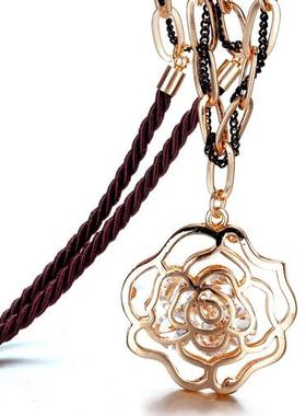 日韩潮流简约百搭内嵌水晶镂空玫瑰花毛衣链名媛气质长款项链女