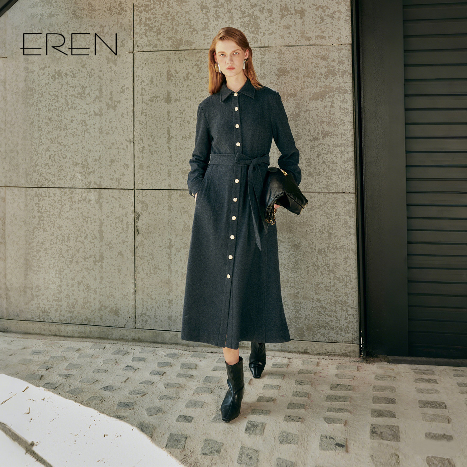 EREN翻领气质长袖连衣裙女2025秋冬新款连身裙收腰显瘦打底裙子
