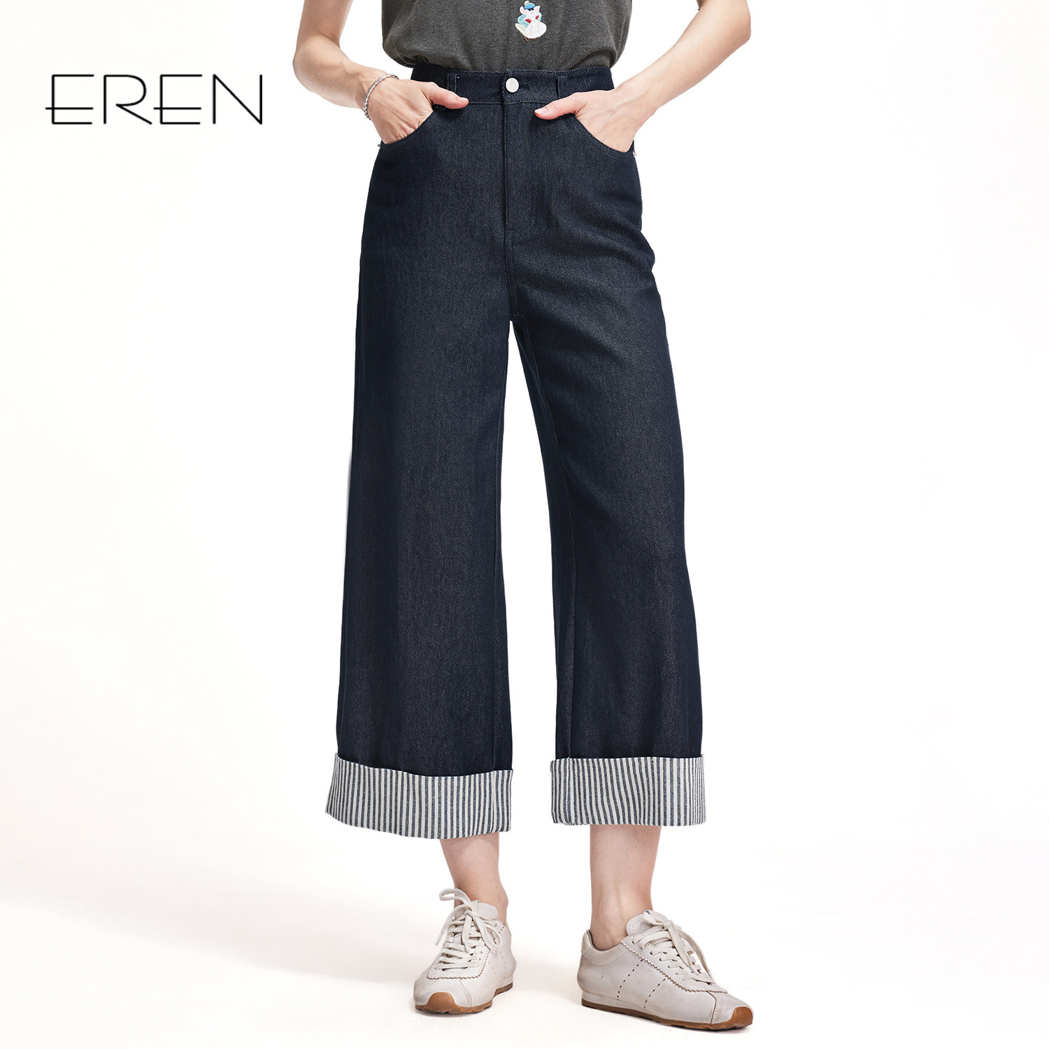 EREN条纹拼接牛仔裤女夏季2025新款高腰直筒裤子休闲九分阔腿裤
