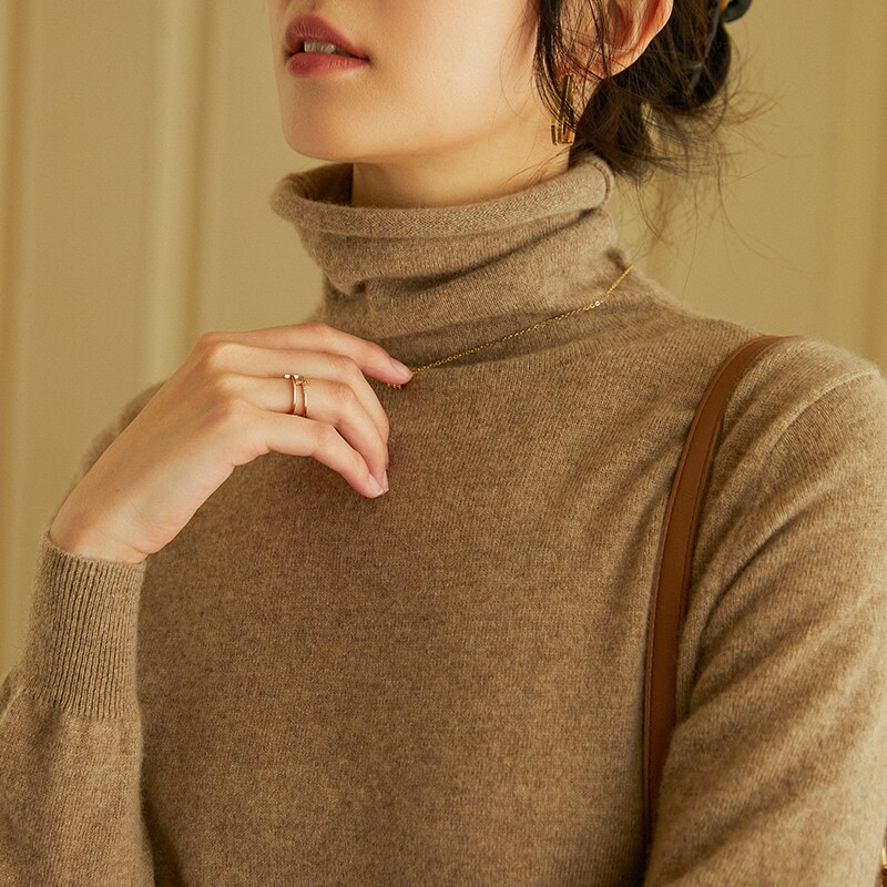 山羊绒衫女100纯羊绒衫卷边堆堆领套头毛衣宽松内搭针织打底衫女