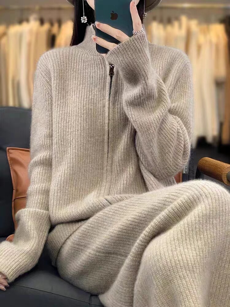 秋冬新款100%纯羊绒开衫套装女包臀裙两件套纯色针织毛衣外套