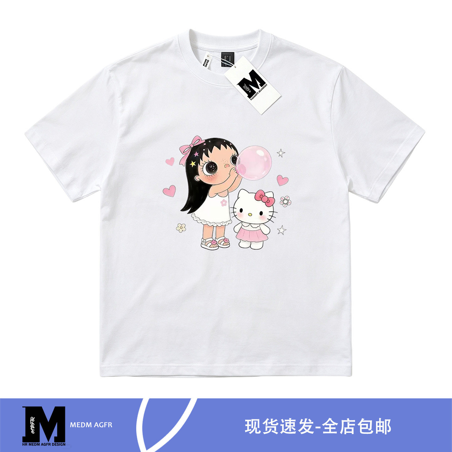 MEDM AGFR联名小玉hello猫卡通印花t恤女可爱风宽松夏季短袖图片