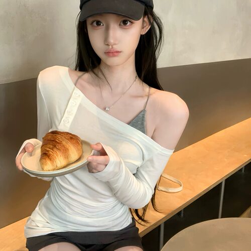 Simida斯密达-排扣斜肩长袖小衫+胸垫美背内衣两件套套装S3610C-8