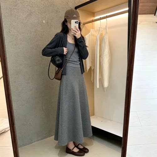 针织开衫背心半身裙三件套女装