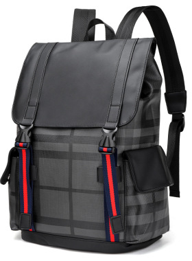 仅亏一天真皮新款潮流格子男士双肩包大容量电脑包旅行包时尚英伦