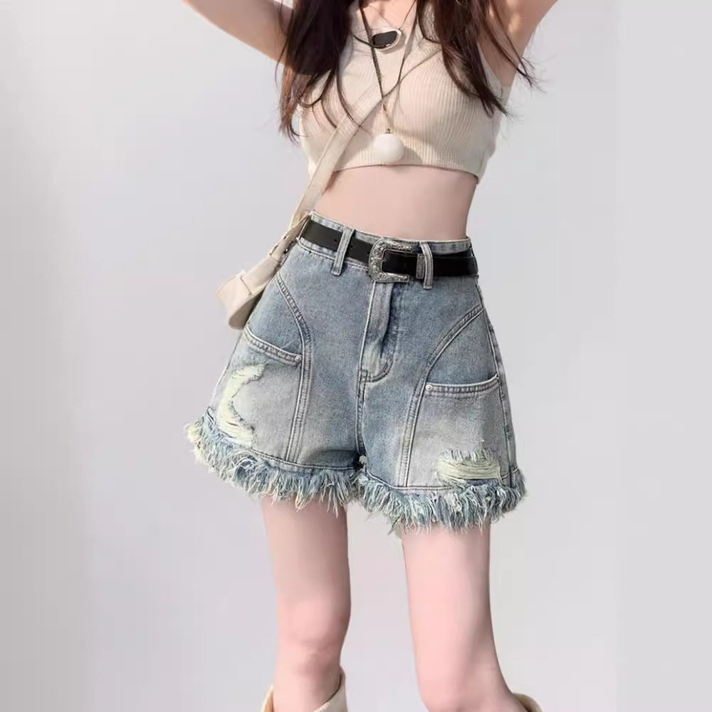 美式复古辣妹破洞毛边流苏牛仔短裤女夏小众设计感高腰a字热裤子
