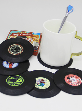 Rockabilly摇滚怀旧经典猫王复古黑胶唱片杯垫餐垫隔热垫 6片装