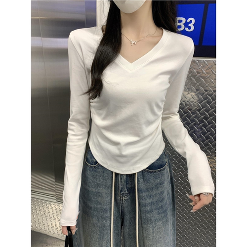 PPHOME白色V领正肩长袖T恤女秋季甜辣褶皱修身短款打底衫内搭上衣