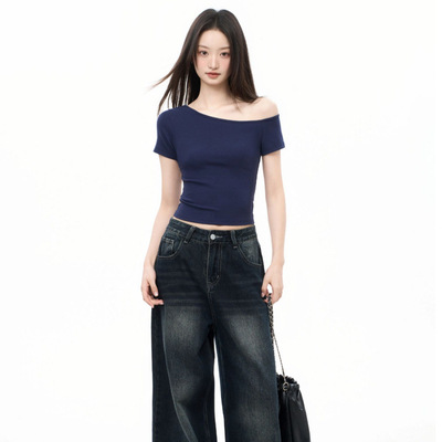 iiiamX藏青色斜肩纯棉短袖t恤女2025夏季设计感修身露肩短款上衣