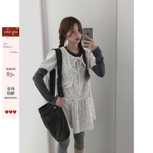 CCKOK 日系碎花灯芯绒连衣裙2026秋季新款复古杏色休闲叠穿短裙女